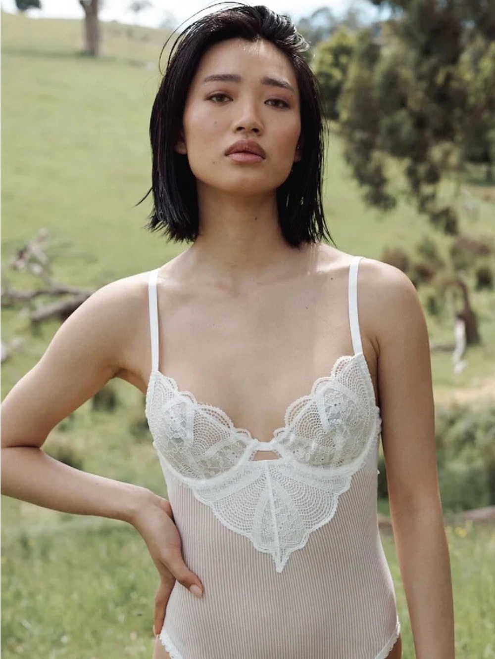 White Lace-Trim Sheer Bodysuit - Women's Intimates